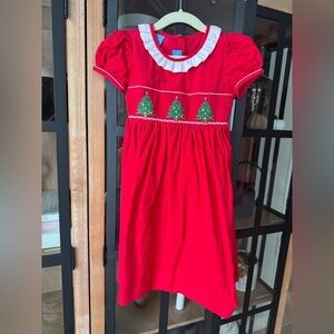 Anavini Christmas trees smocked dress bow corduroy puff sleeve toddler collar
